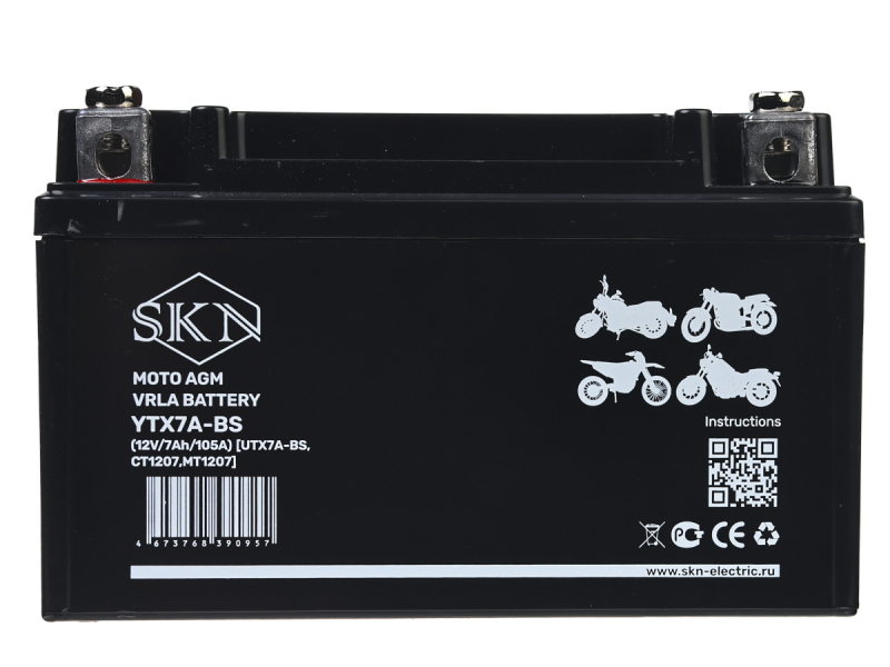 Аккумулятор стартерный для мототехники SKN YTX7A-BS (12V/7Ah/105A) [UTX7A-BS, CT 1207, MT 1207] HV Market