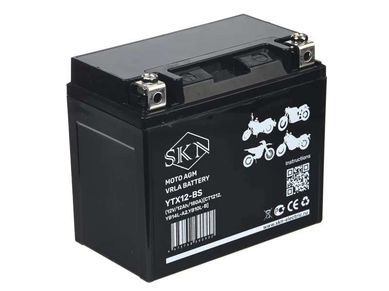 Аккумулятор стартерный для мототехники SKN YTX12-BS (12V/12Ah/180A) [CT 1212, YB14L-A2, YB10L-B] HV Market