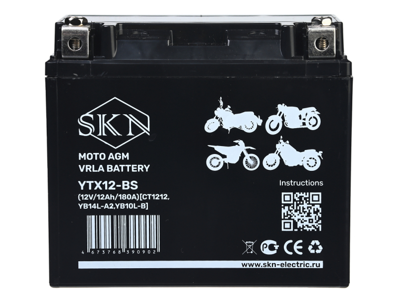 Аккумулятор стартерный для мототехники SKN YTX12-BS (12V/12Ah/180A) [CT 1212, YB14L-A2, YB10L-B] HV Market