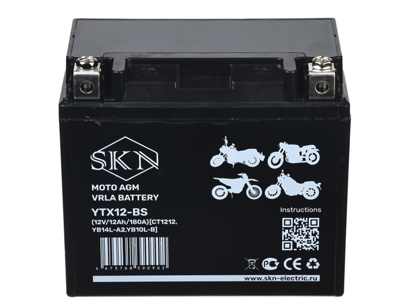 Аккумулятор стартерный для мототехники SKN YTX12-BS (12V/12Ah/180A) [CT 1212, YB14L-A2, YB10L-B] HV Market