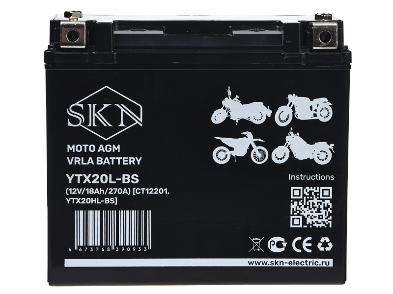 Аккумулятор стартерный для мототехники SKN YTX20L-BS (12V/18Ah/270A) [CT 12201, YTX20HL-BS] HV Market
